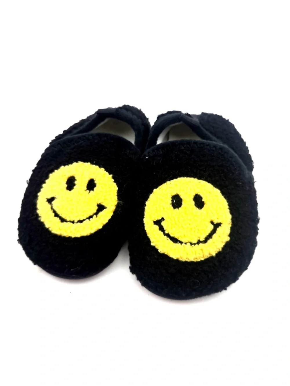 Baby Slipper Shoes Size 6/7 Unisex Black Slip On Rubber Bottoms Smilie Face
